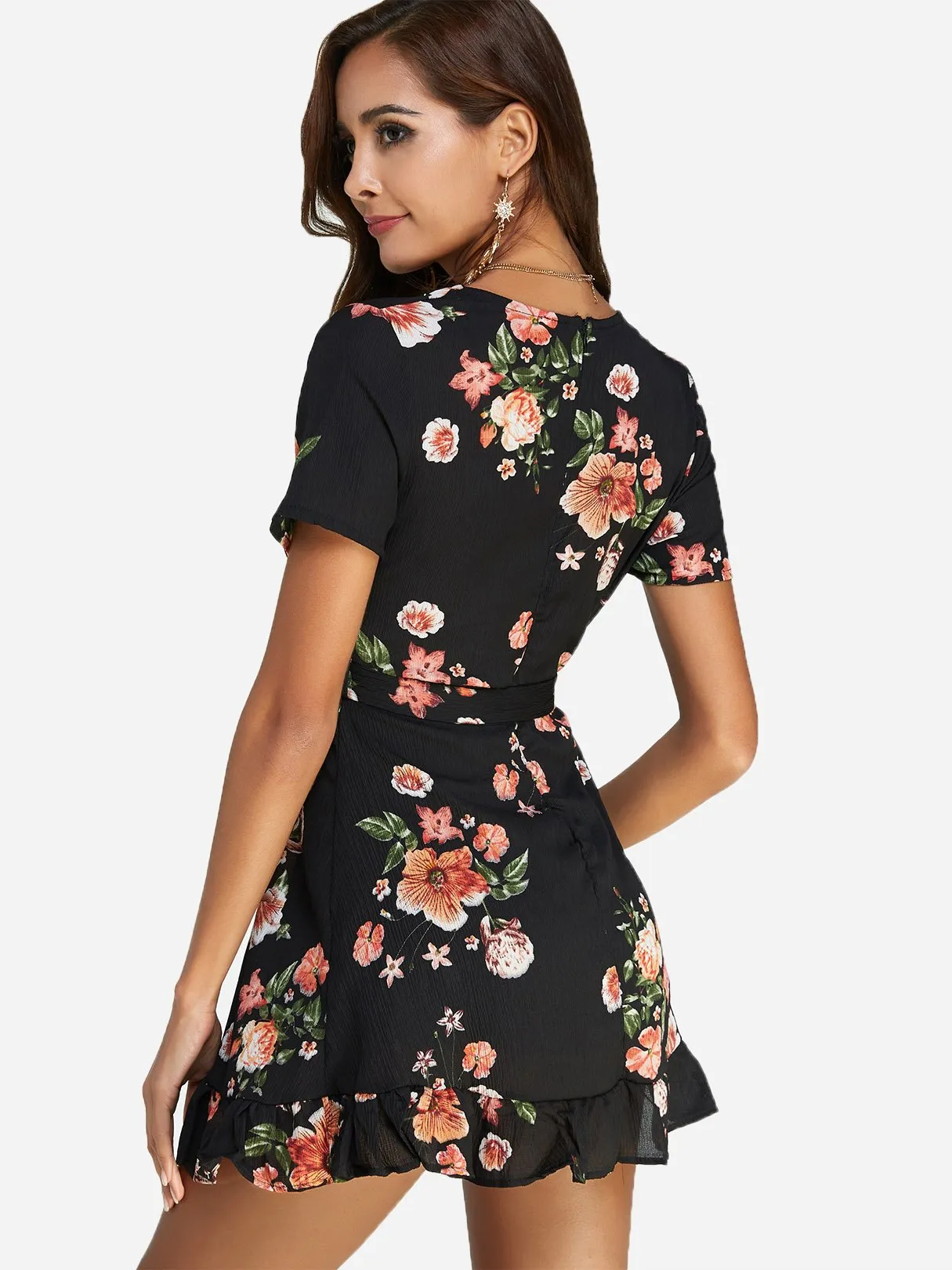 Wholesale Black Deep V Neck Short Sleeve Floral Print Zip Back Belt Wrap Flounced Hem Mini Dresses