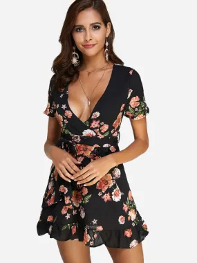 Wholesale Black Deep V Neck Short Sleeve Floral Print Zip Back Belt Wrap Flounced Hem Mini Dresses