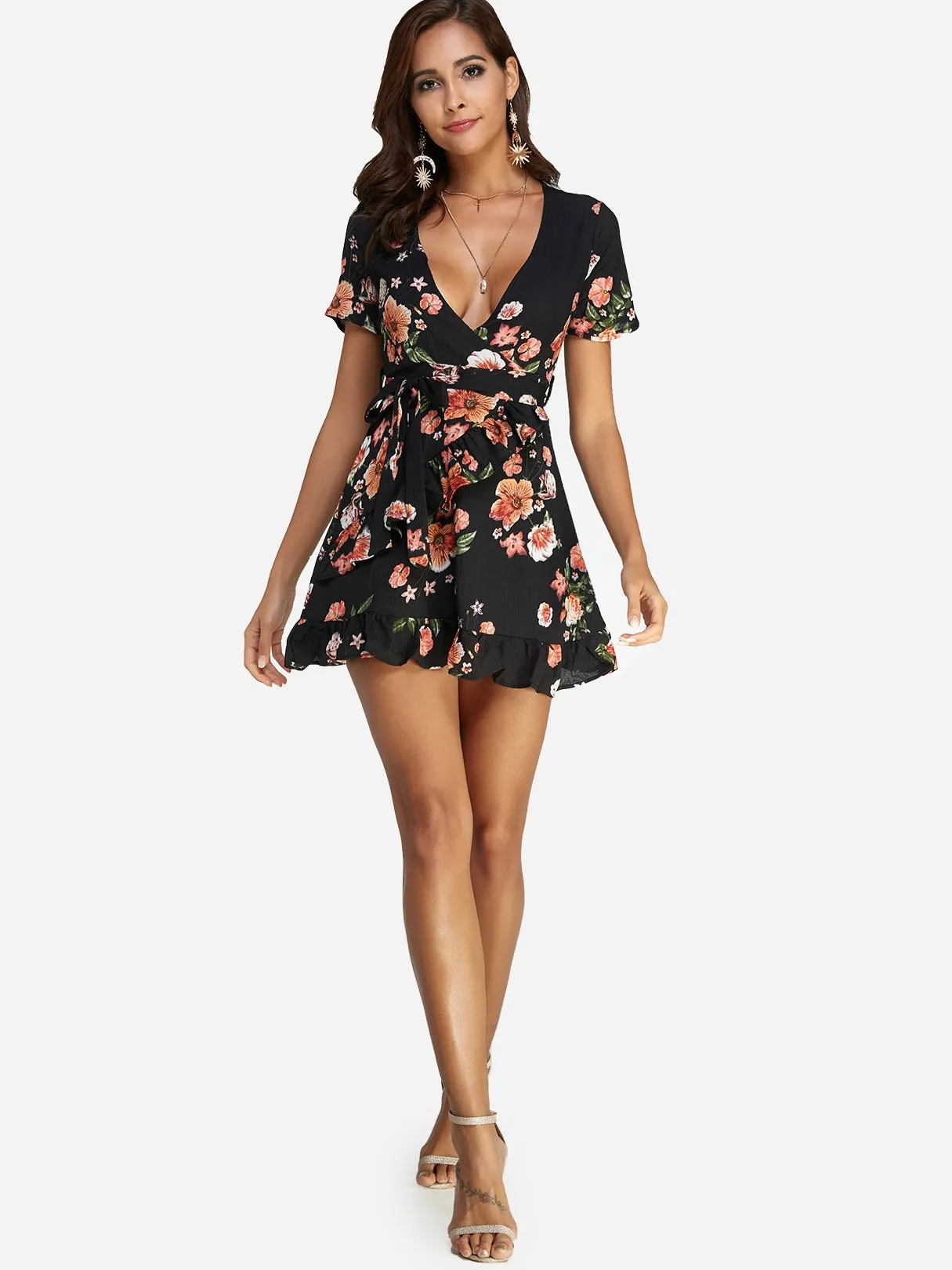 Wholesale Black Deep V Neck Short Sleeve Floral Print Zip Back Belt Wrap Flounced Hem Mini Dresses