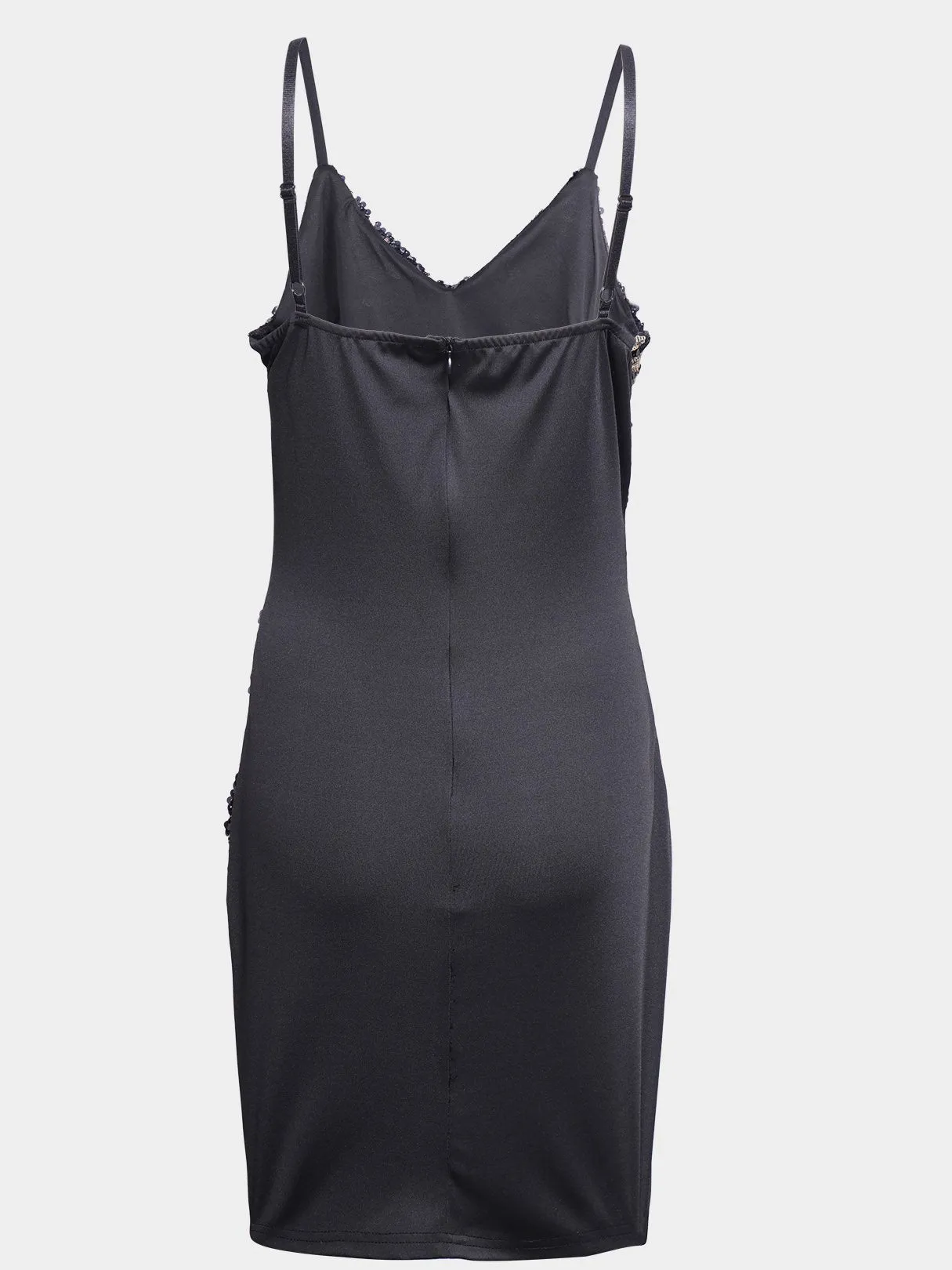 Wholesale Black Deep V Neck Sleeveless Zip Back Backless Sequins Embellished Spaghetti Strap Bodycon Hem Mini Dress