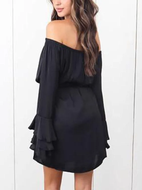 Wholesale Black Off The Shoulder Long Sleeve Plain Ruffle Hem Mini Dress