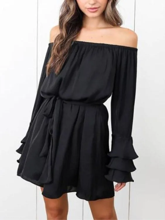 Wholesale Black Off The Shoulder Long Sleeve Plain Ruffle Hem Mini Dress