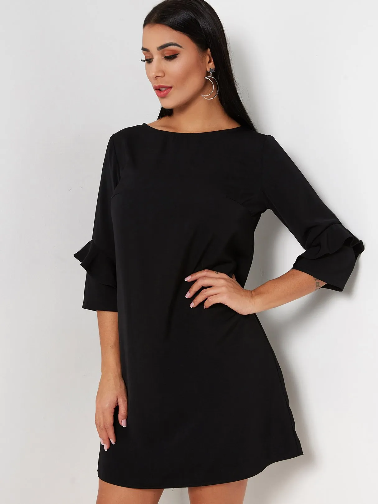 Wholesale Black Round Neck 3/4 Length Sleeve Plain Mini Dress