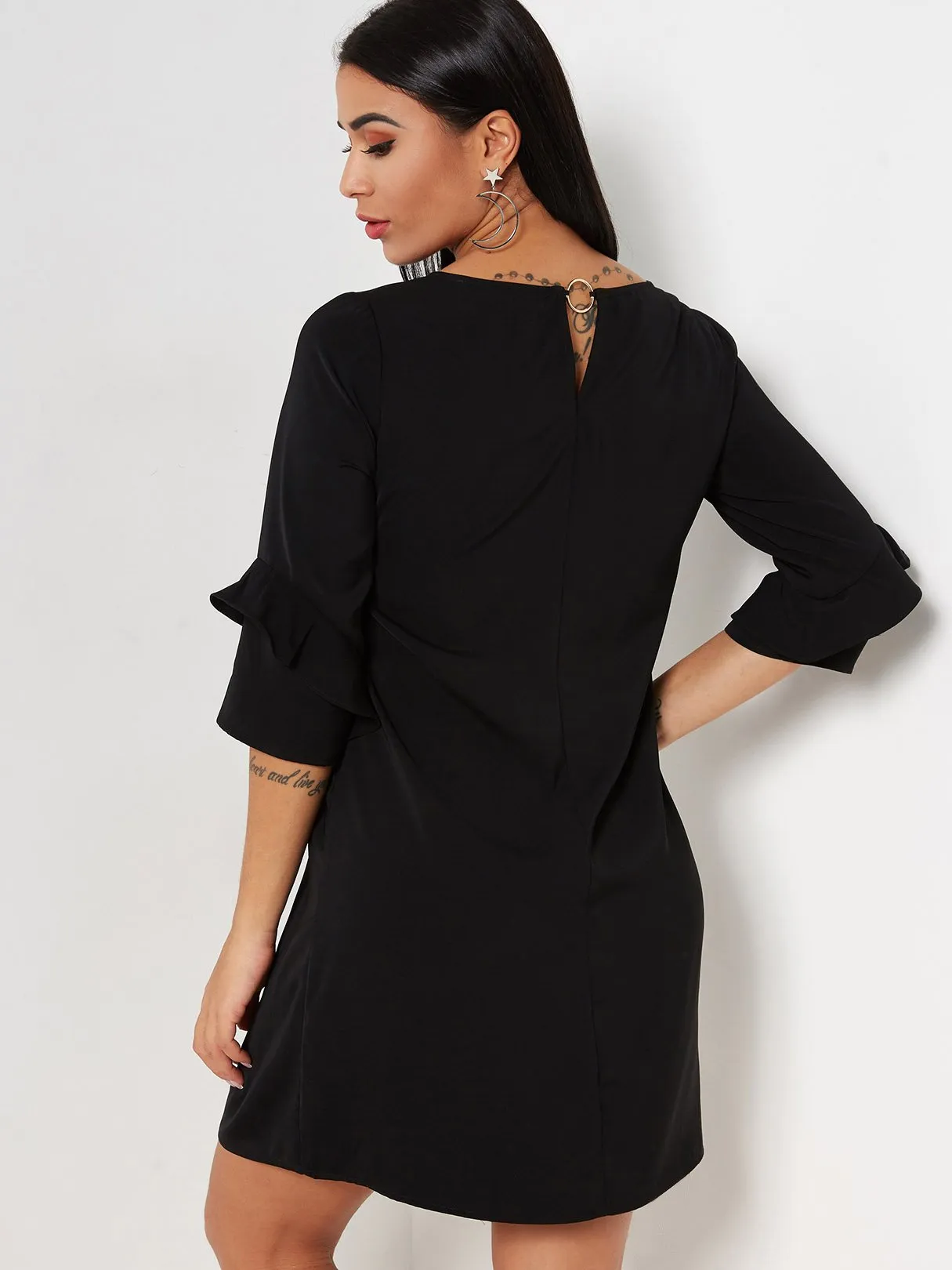 Wholesale Black Round Neck 3/4 Length Sleeve Plain Mini Dress