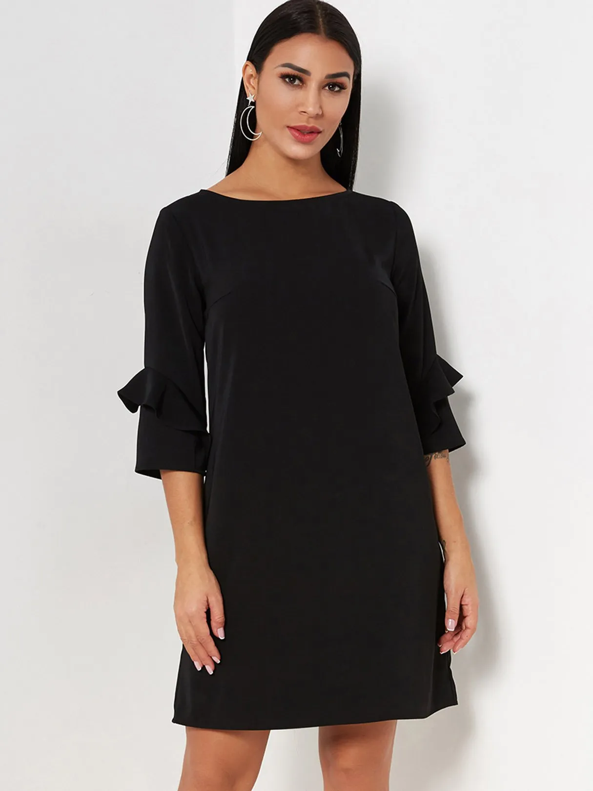 Wholesale Black Round Neck 3/4 Length Sleeve Plain Mini Dress