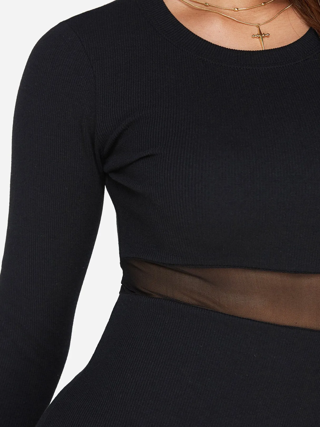 Wholesale Black Round Neck Long Sleeve See Through Slit Hem Sexy Dress
