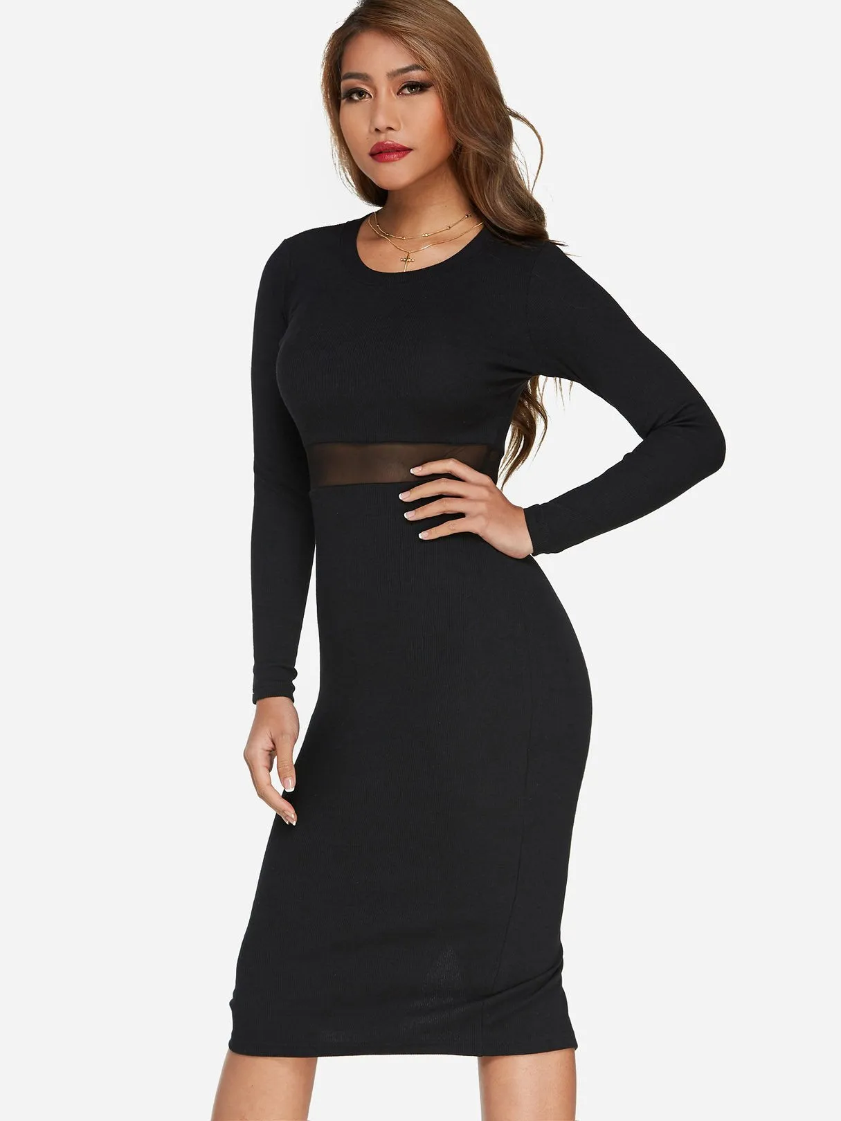 Wholesale Black Round Neck Long Sleeve See Through Slit Hem Sexy Dress