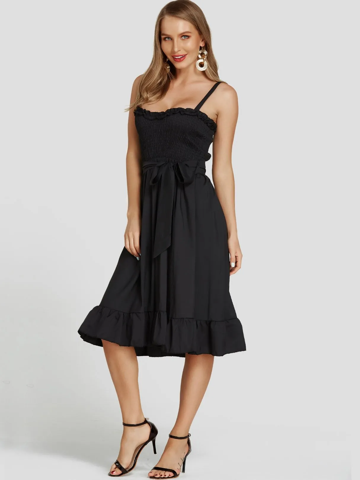 Wholesale Black Sleeveless Spaghetti Strap Belt Mini Dress