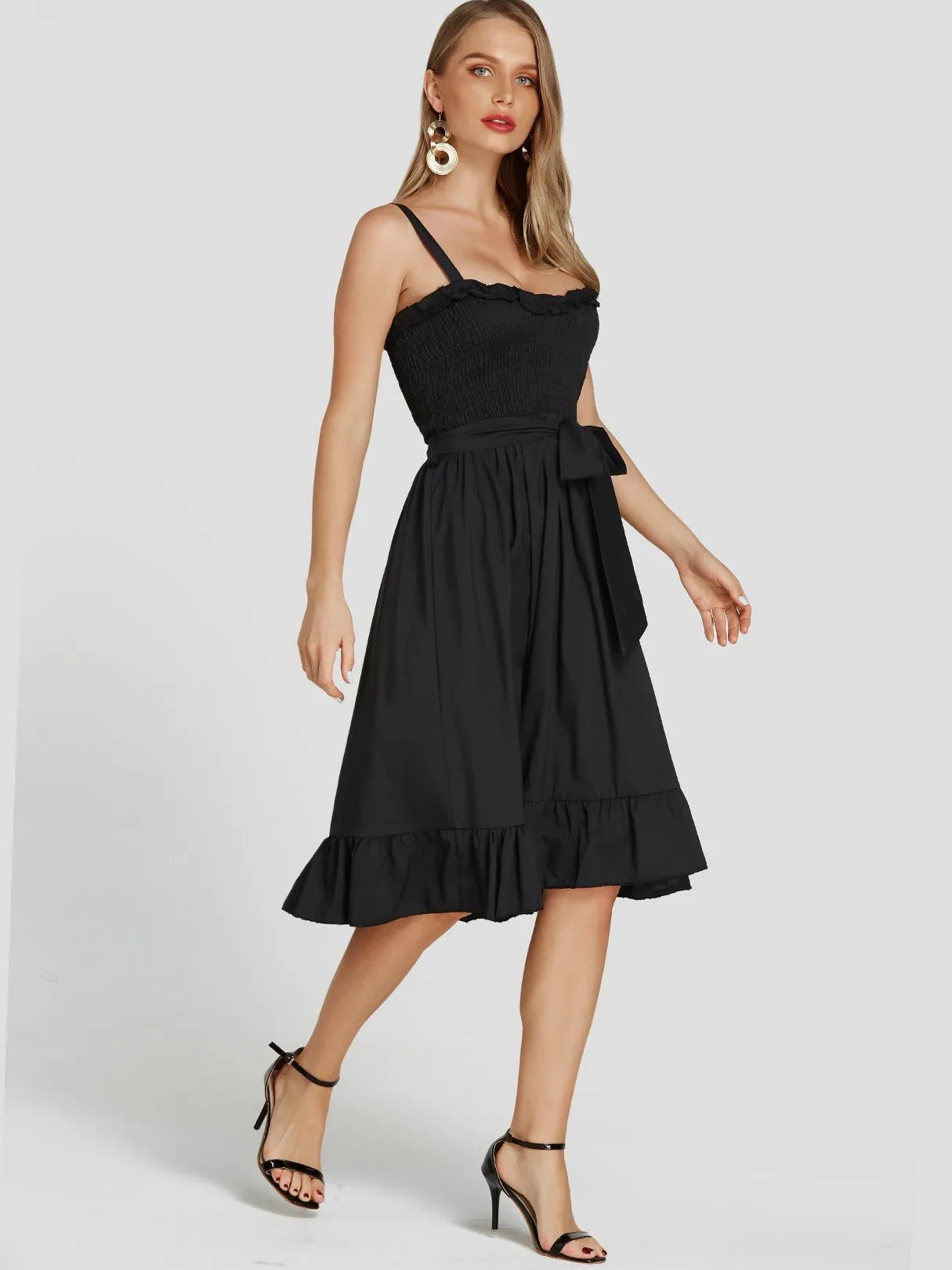 Wholesale Black Sleeveless Spaghetti Strap Belt Mini Dress