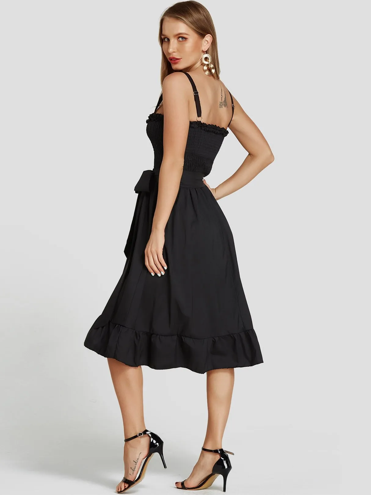 Wholesale Black Sleeveless Spaghetti Strap Belt Mini Dress
