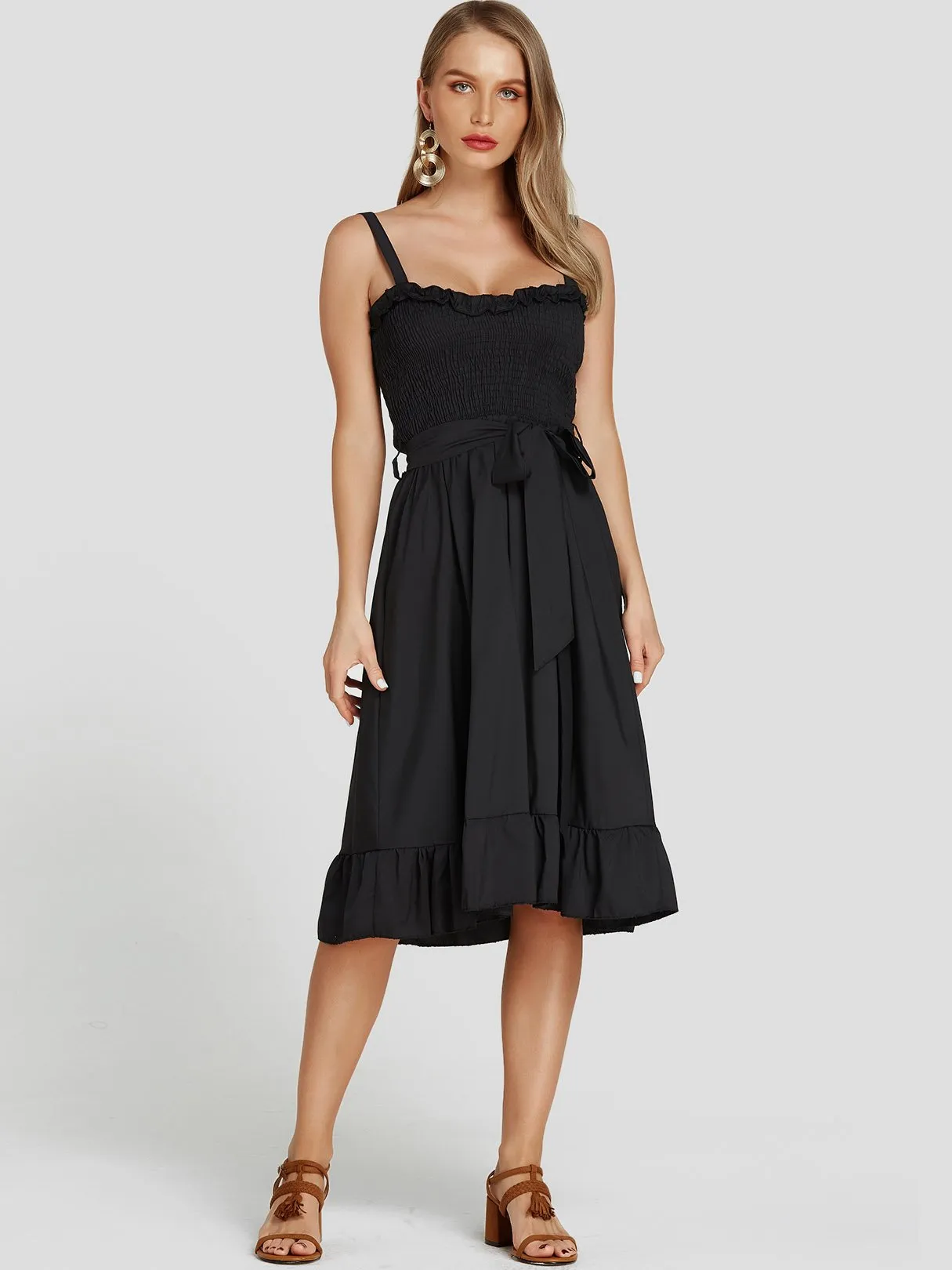 Wholesale Black Sleeveless Spaghetti Strap Belt Mini Dress