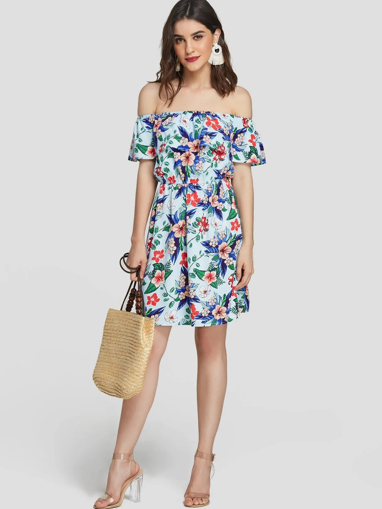 Wholesale Blue Off The Shoulder Floral Print Backless Mini Dresses