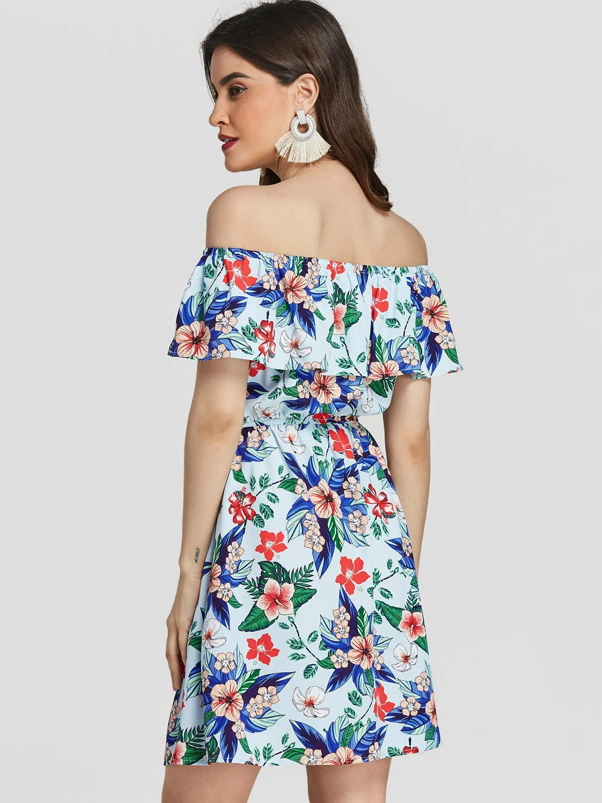 Wholesale Blue Off The Shoulder Floral Print Backless Mini Dresses