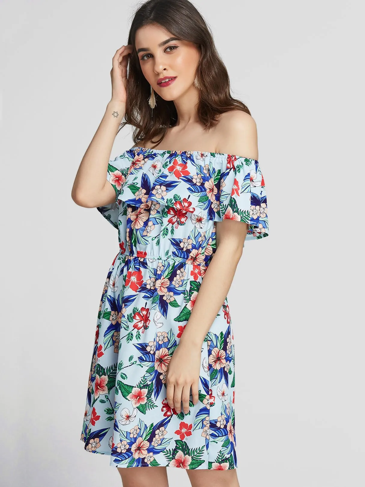Wholesale Blue Off The Shoulder Floral Print Backless Mini Dresses