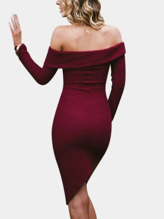 Wholesale Burgundy Off The Shoulder Long Sleeve Plain Irregular Hem Mini Dress