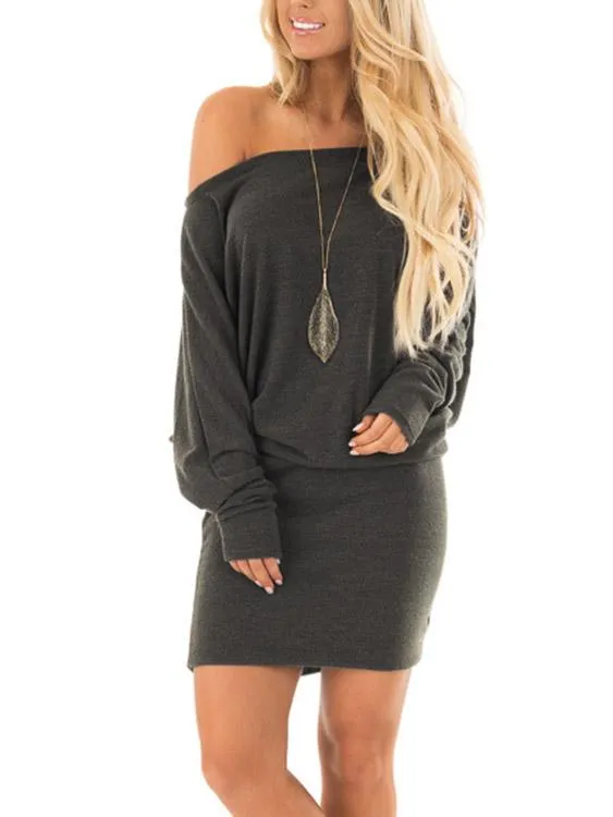 Wholesale Grey Off The Shoulder Long Sleeve Plain Bodycon Mini Dresses