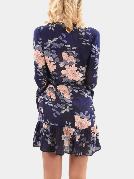 Wholesale Navy Deep V-Neck Long Sleeve Floral Print Mini Dresses