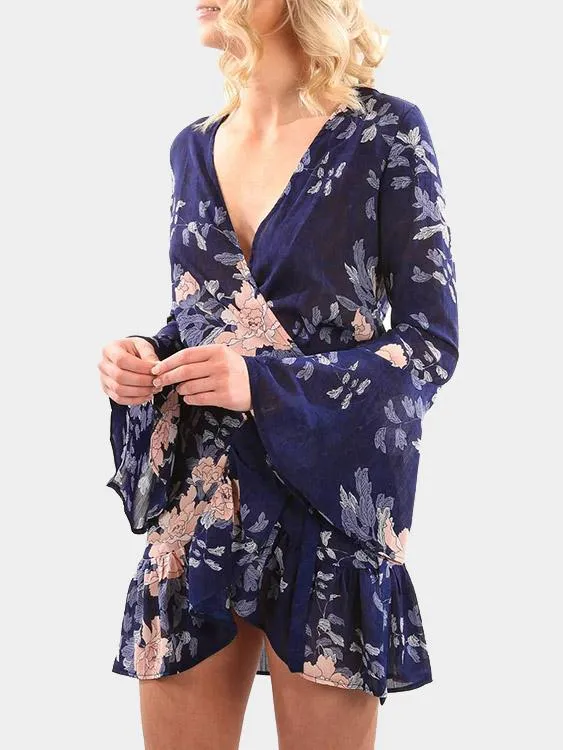 Wholesale Navy Deep V-Neck Long Sleeve Floral Print Mini Dresses