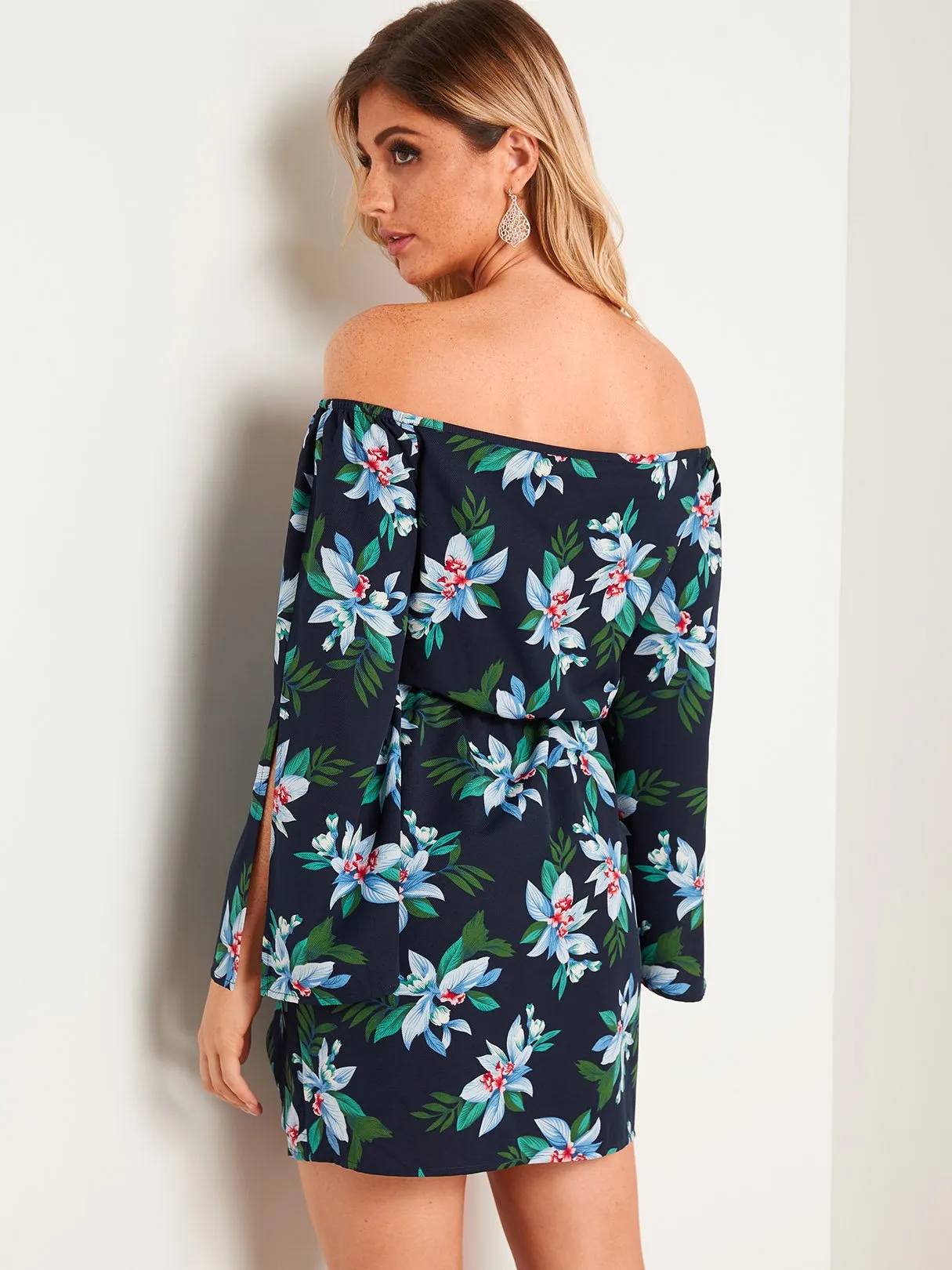 Wholesale Navy Off The Shoulder Long Sleeve Floral Print Slit Mini Dress