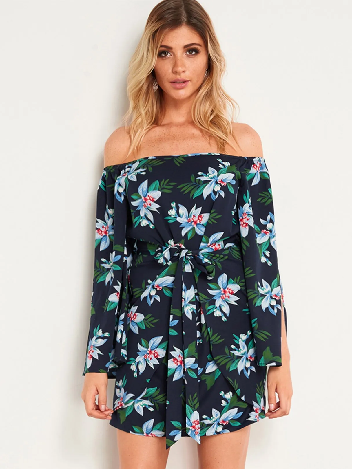 Wholesale Navy Off The Shoulder Long Sleeve Floral Print Slit Mini Dress