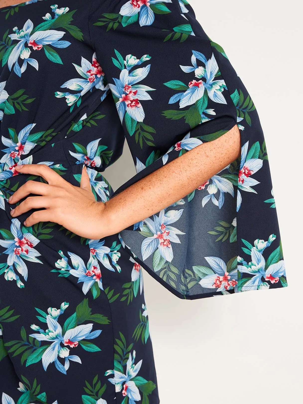 Wholesale Navy Off The Shoulder Long Sleeve Floral Print Slit Mini Dress