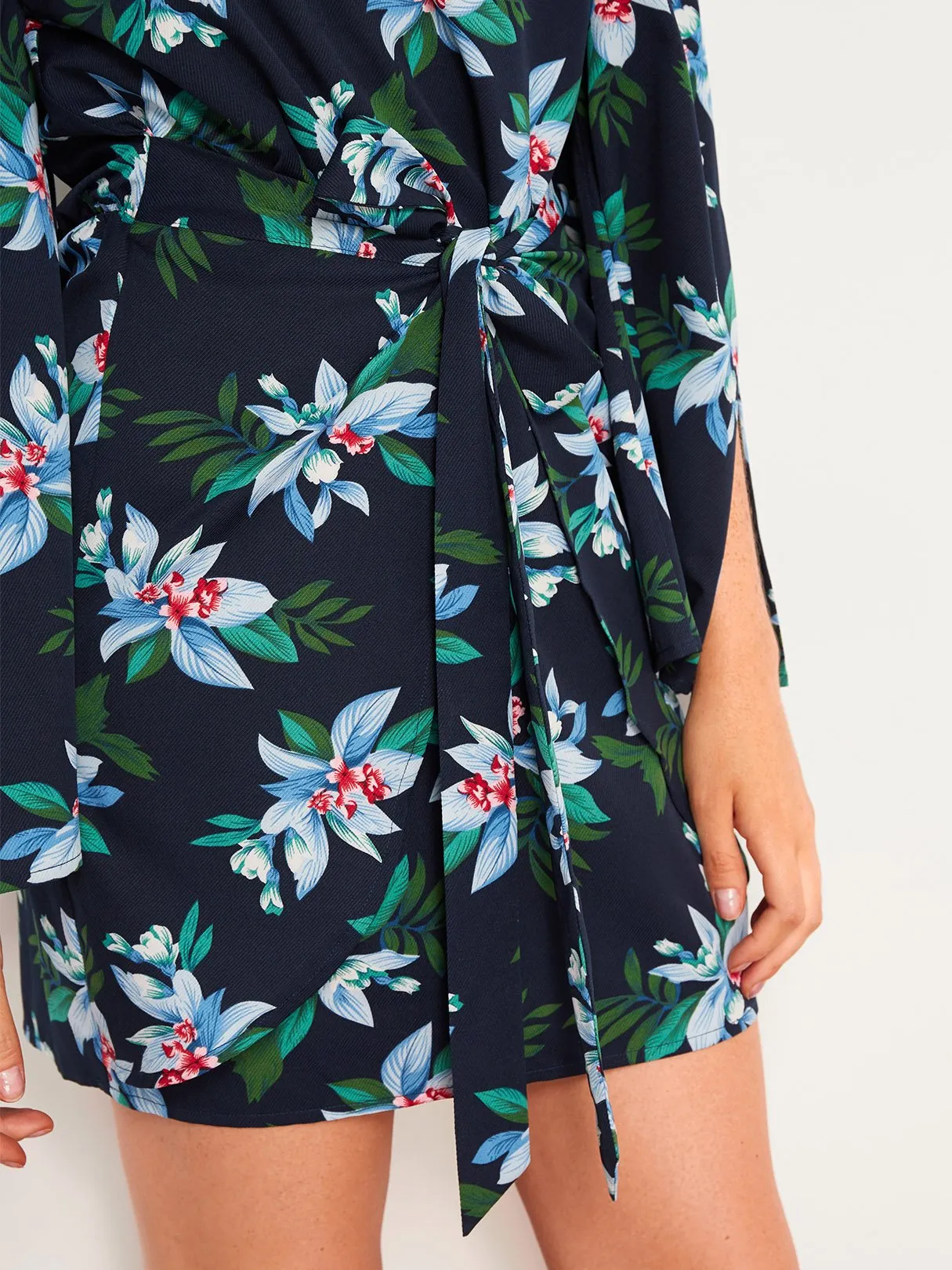 Wholesale Navy Off The Shoulder Long Sleeve Floral Print Slit Mini Dress