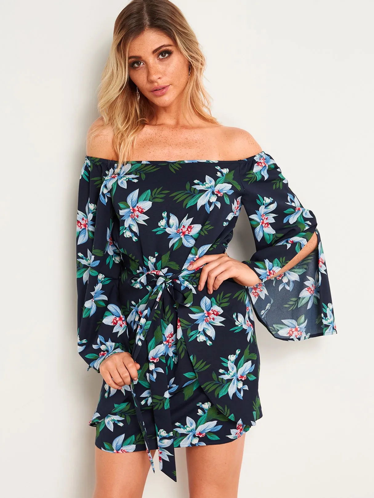 Wholesale Navy Off The Shoulder Long Sleeve Floral Print Slit Mini Dress