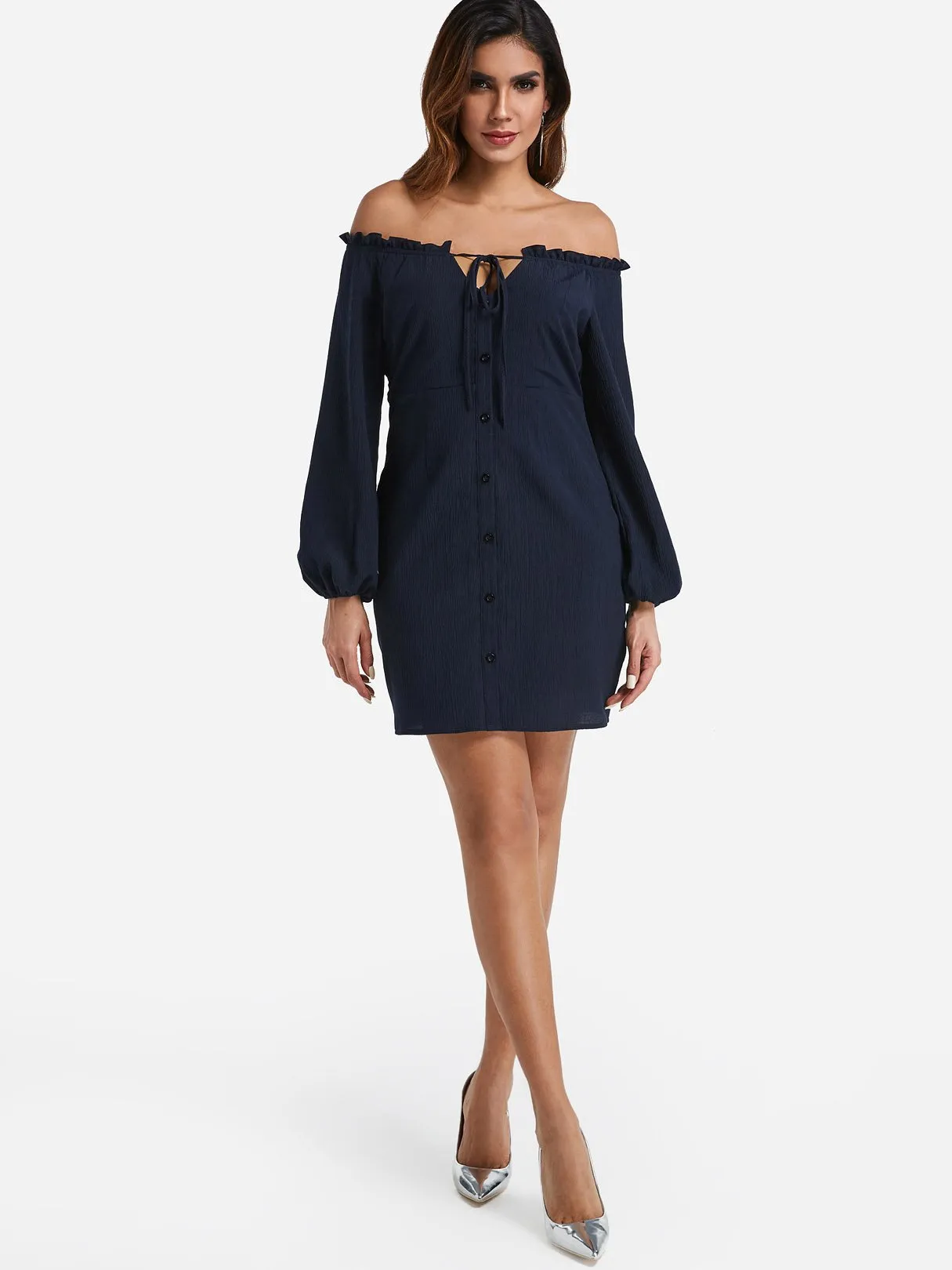Wholesale Navy Off The Shoulder Long Sleeve Lace-Up Cut Out Mini Dress
