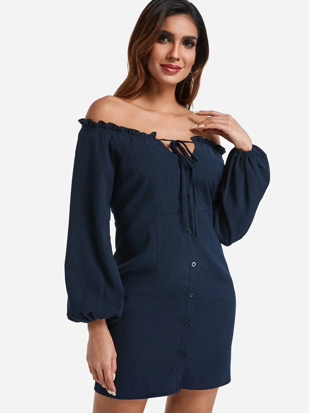 Wholesale Navy Off The Shoulder Long Sleeve Lace-Up Cut Out Mini Dress
