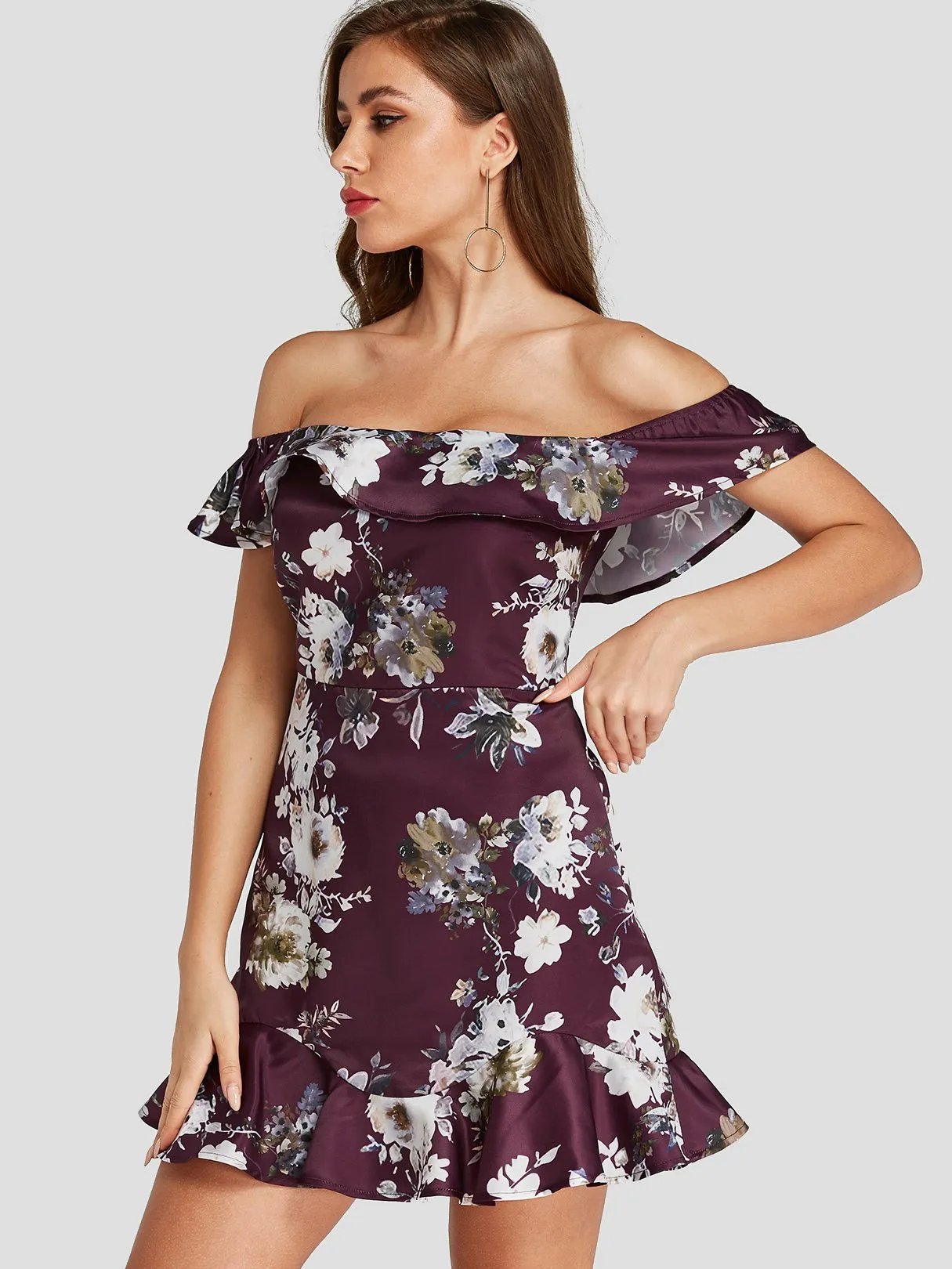 Wholesale Off The Shoulder Floral Print Backless Double Layer Flounced Hem Mini Dresses