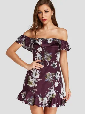 Wholesale Off The Shoulder Floral Print Backless Double Layer Flounced Hem Mini Dresses