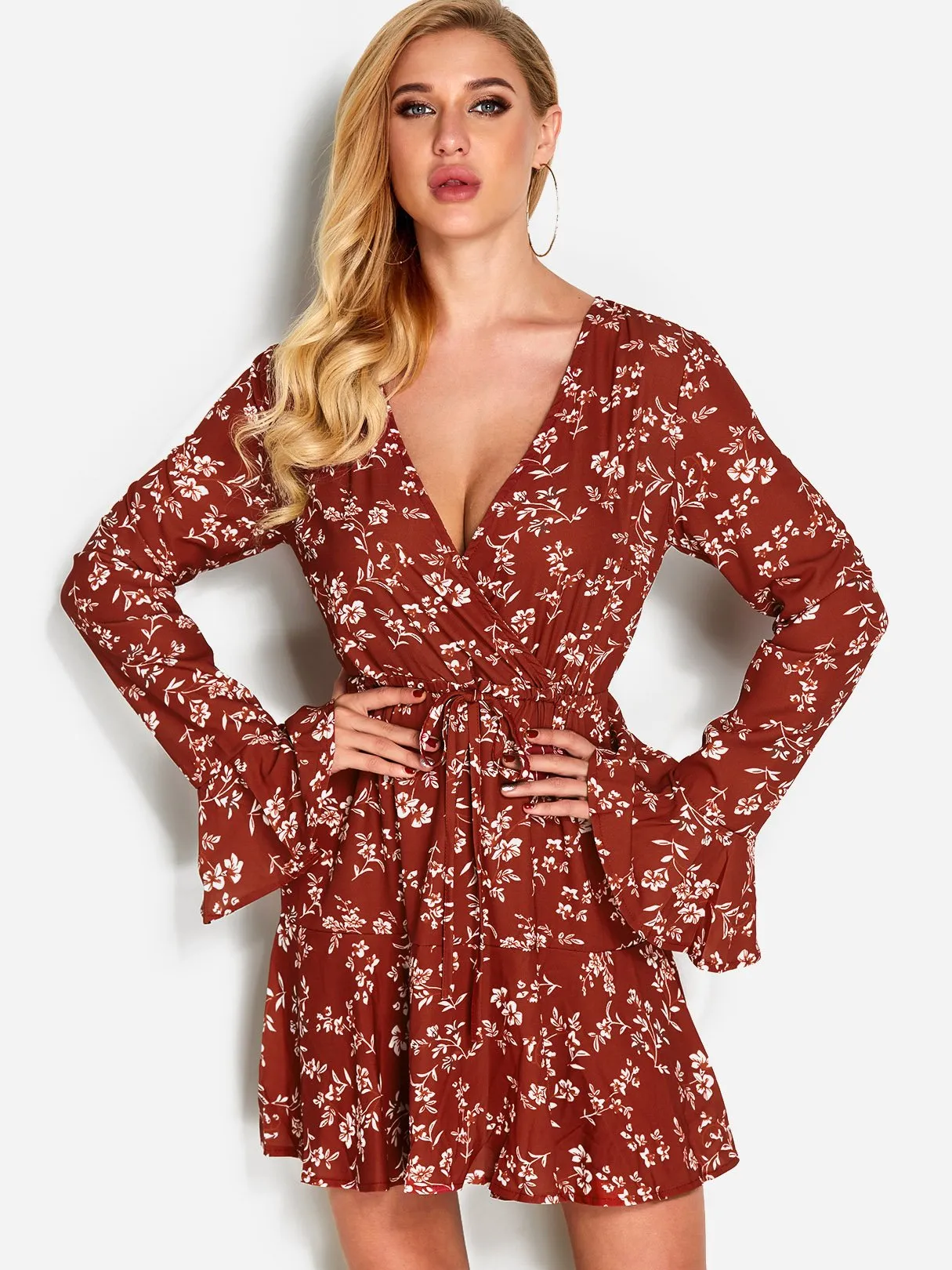 Wholesale Red Deep V Neck Long Sleeve Floral Print Lace-Up Mini Dress