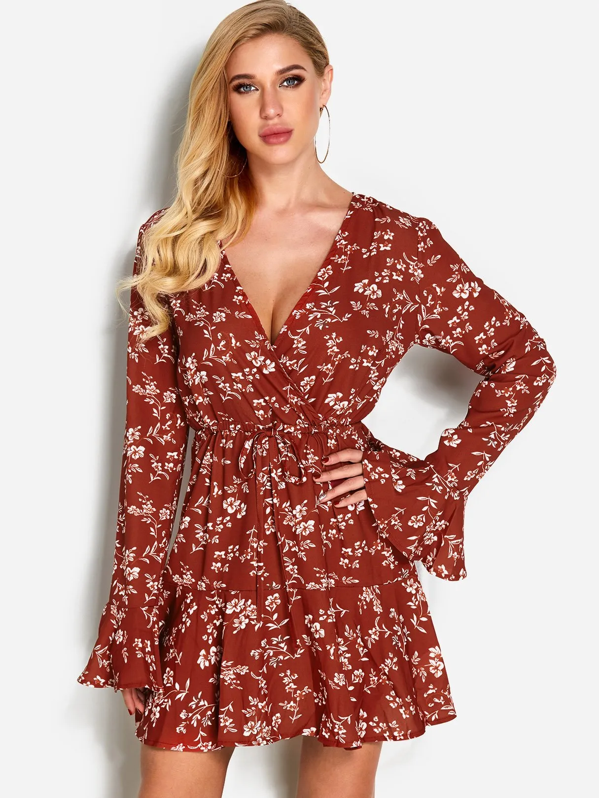 Wholesale Red Deep V Neck Long Sleeve Floral Print Lace-Up Mini Dress