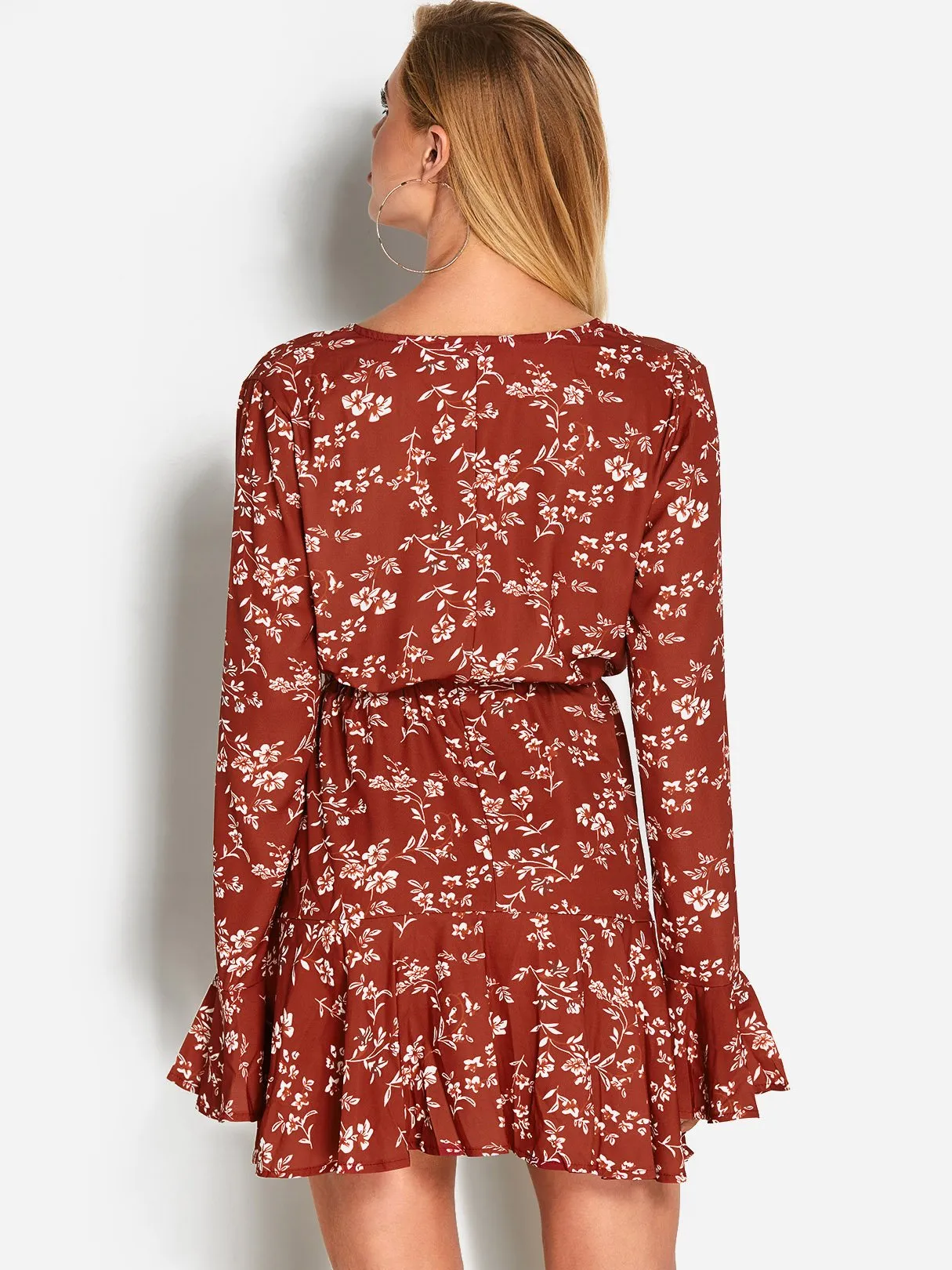 Wholesale Red Deep V Neck Long Sleeve Floral Print Lace-Up Mini Dress