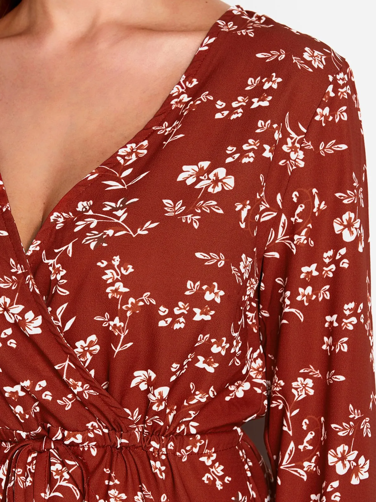 Wholesale Red Deep V Neck Long Sleeve Floral Print Lace-Up Mini Dress
