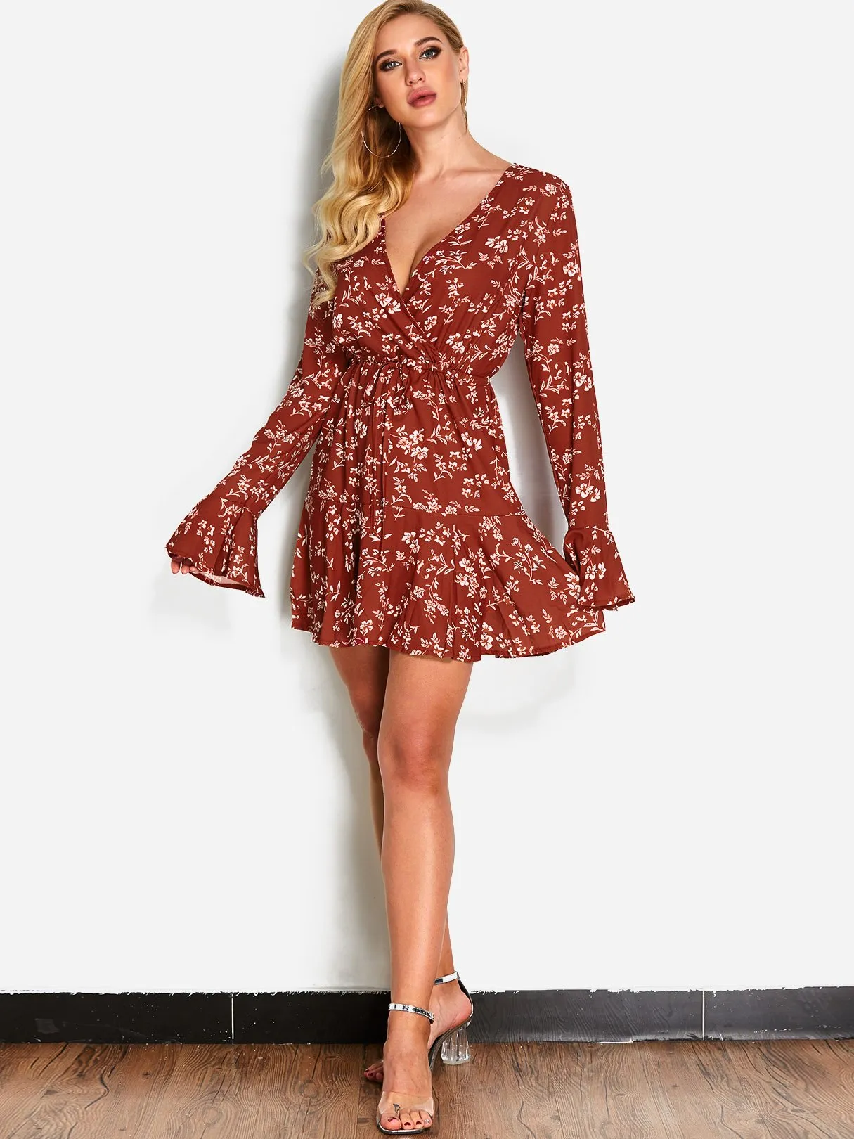 Wholesale Red Deep V Neck Long Sleeve Floral Print Lace-Up Mini Dress
