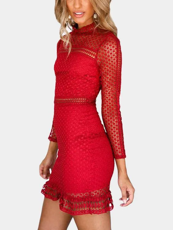 Wholesale Red Long Sleeve Lace Hollow Mini Dresses