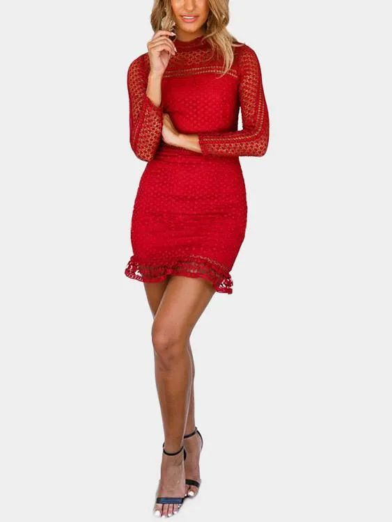 Wholesale Red Long Sleeve Lace Hollow Mini Dresses