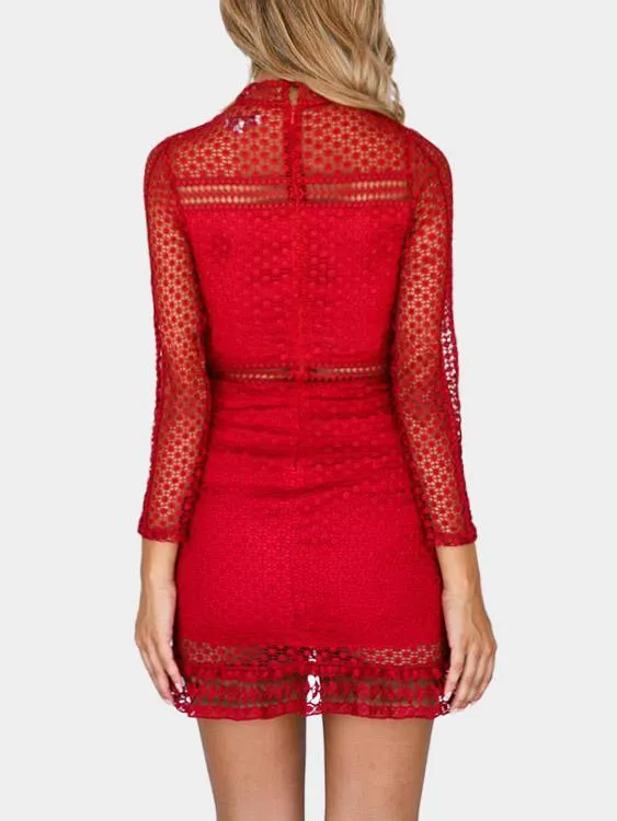 Wholesale Red Long Sleeve Lace Hollow Mini Dresses