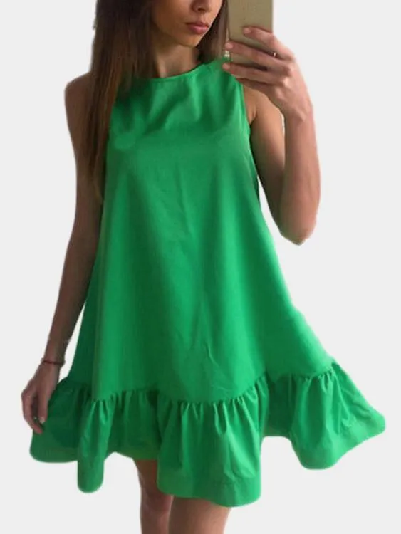 Wholesale Round Neck Sleeveless Flounced Hem Mini Dresses