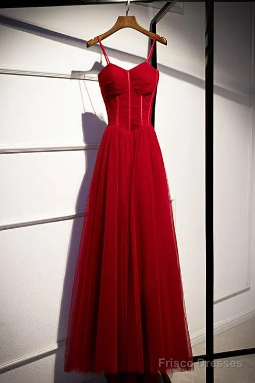Wine Red Tulle Straps Long Sweetheart Party Dresses Formal Dresses, A-Line Dark Red Evening Dresses
