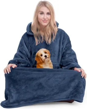 Winkcao Oversized Wearable Blanket Hoodie Women Men Adults, Extra Thick Warm Fleece Hoodie Blanket Women with Giant Hood & Pocket, Cozy Hooded Blanket Women as Gifts for Her, Navy Blue