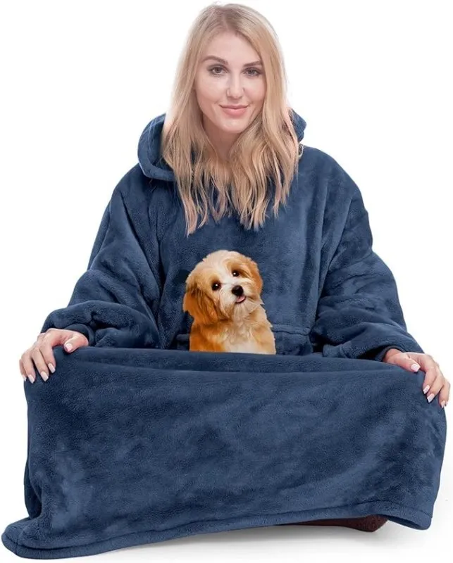Winkcao Oversized Wearable Blanket Hoodie Women Men Adults, Extra Thick Warm Fleece Hoodie Blanket Women with Giant Hood & Pocket, Cozy Hooded Blanket Women as Gifts for Her, Navy Blue