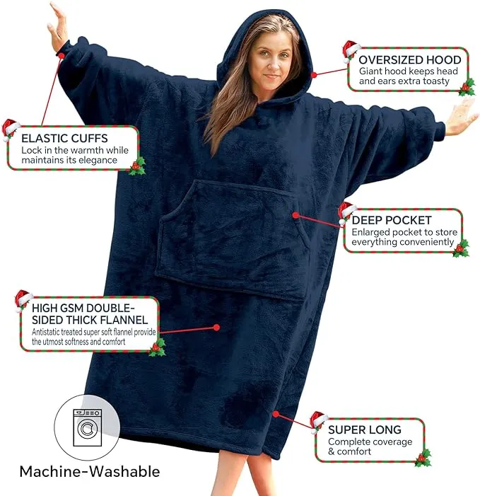 Winkcao Oversized Wearable Blanket Hoodie Women Men Adults, Extra Thick Warm Fleece Hoodie Blanket Women with Giant Hood & Pocket, Cozy Hooded Blanket Women as Gifts for Her, Navy Blue
