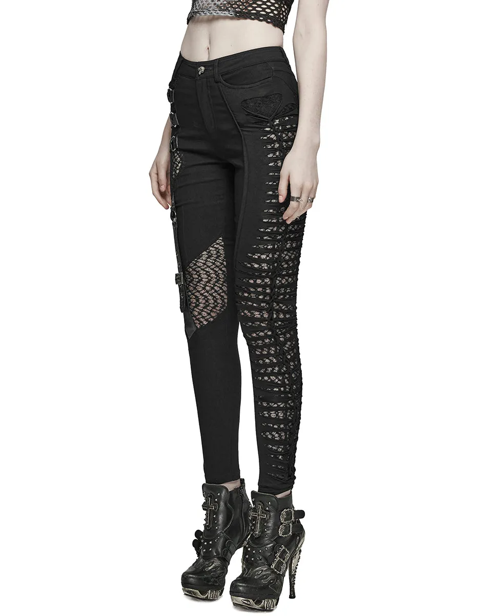 WK-603XCF Womens Gothic Punk Asymmetric Twisted Mesh Skinny Jeans