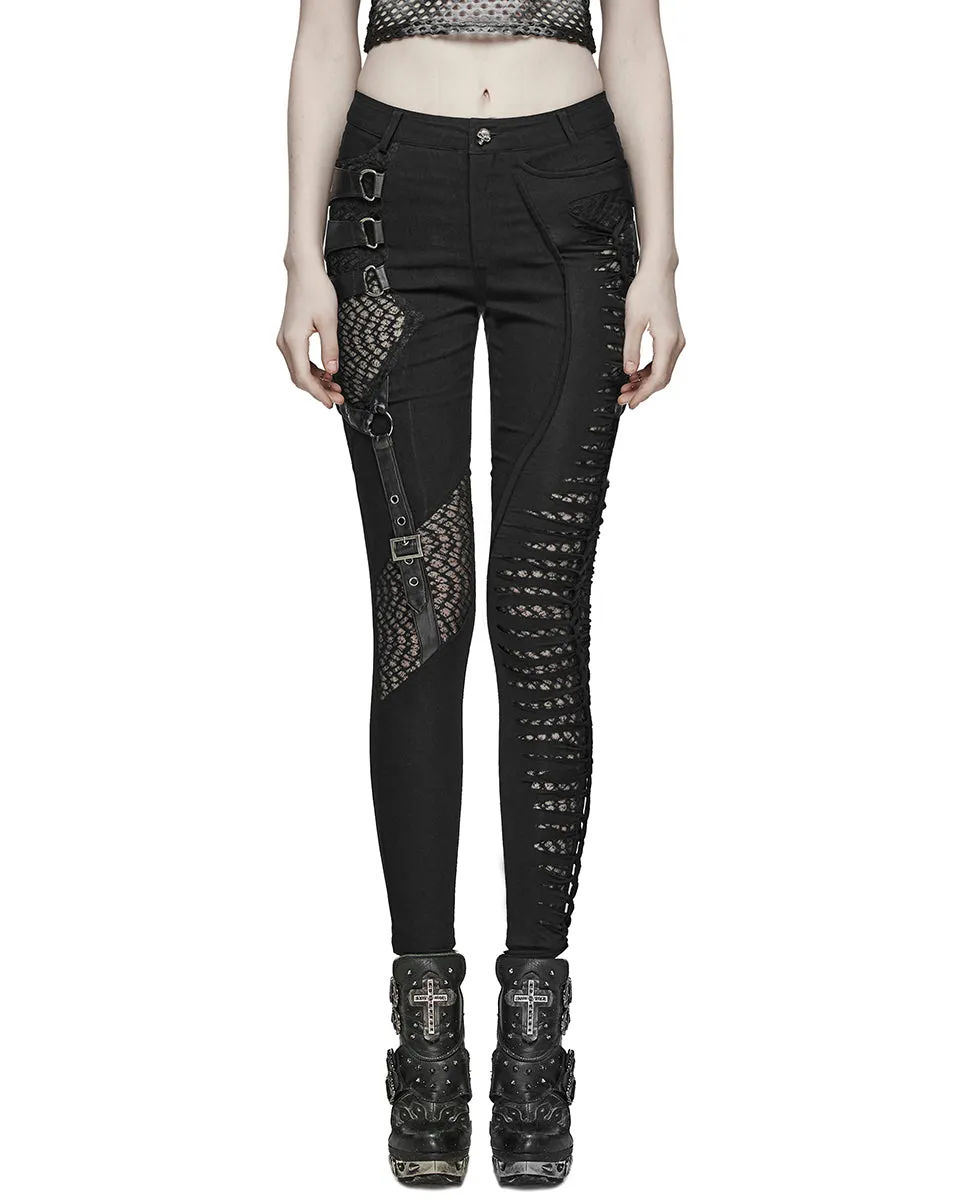 WK-603XCF Womens Gothic Punk Asymmetric Twisted Mesh Skinny Jeans