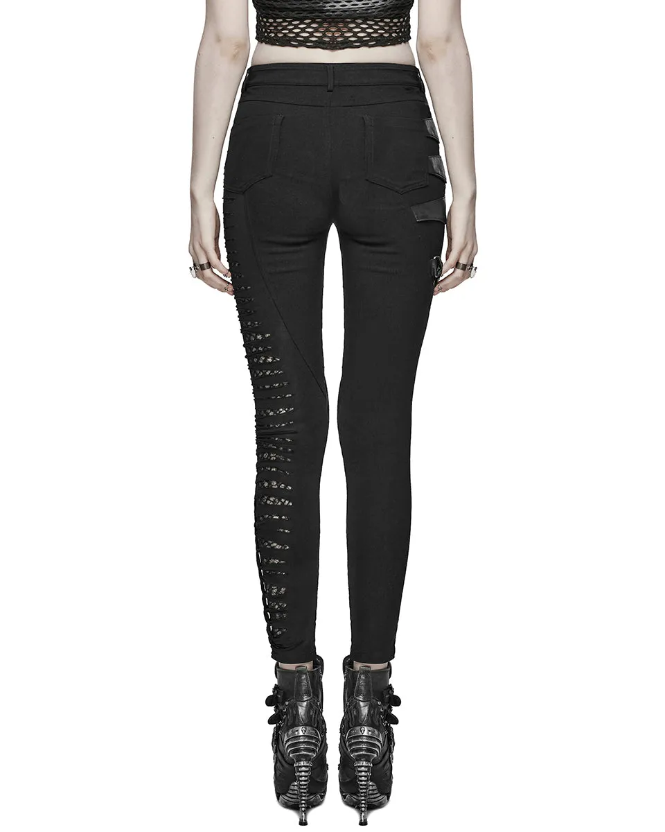 WK-603XCF Womens Gothic Punk Asymmetric Twisted Mesh Skinny Jeans
