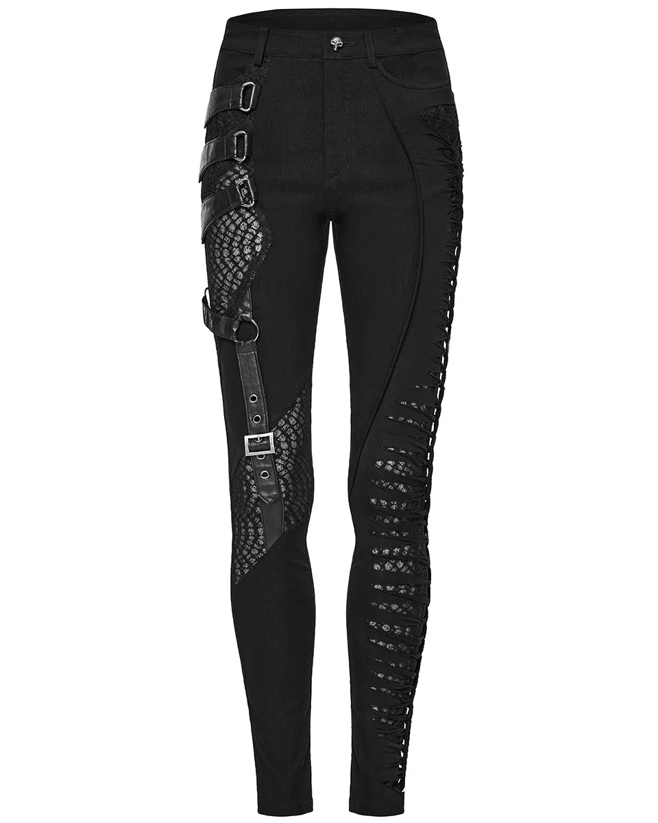 WK-603XCF Womens Gothic Punk Asymmetric Twisted Mesh Skinny Jeans
