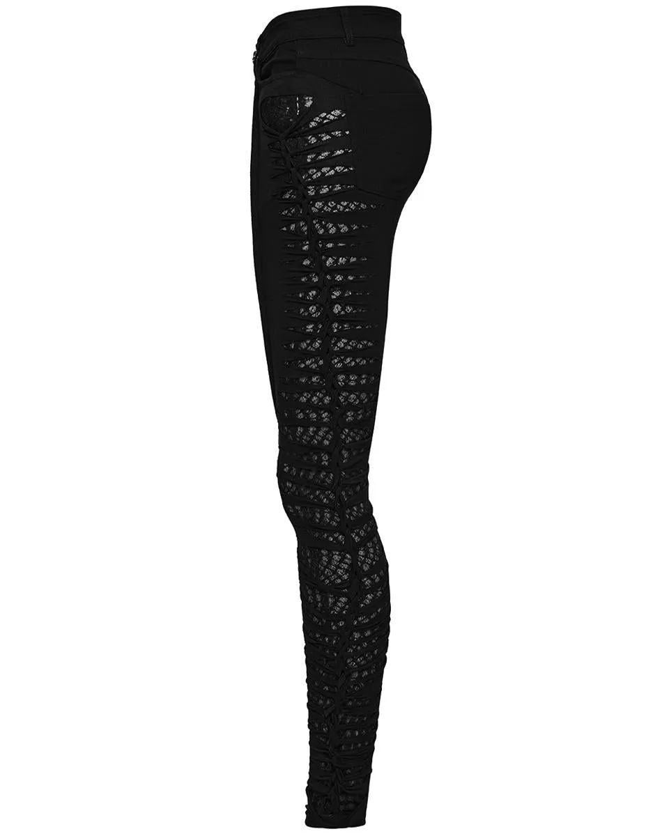 WK-603XCF Womens Gothic Punk Asymmetric Twisted Mesh Skinny Jeans