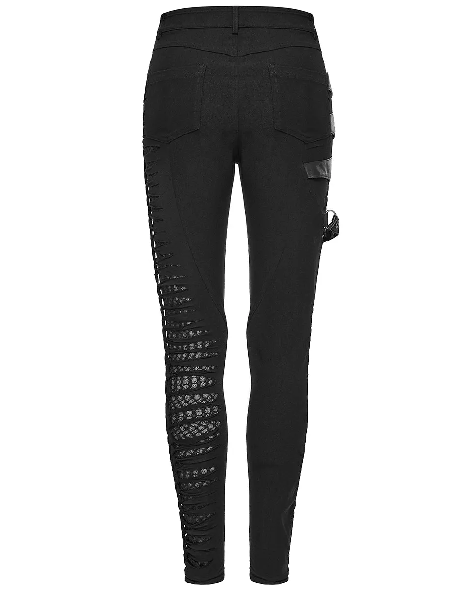 WK-603XCF Womens Gothic Punk Asymmetric Twisted Mesh Skinny Jeans